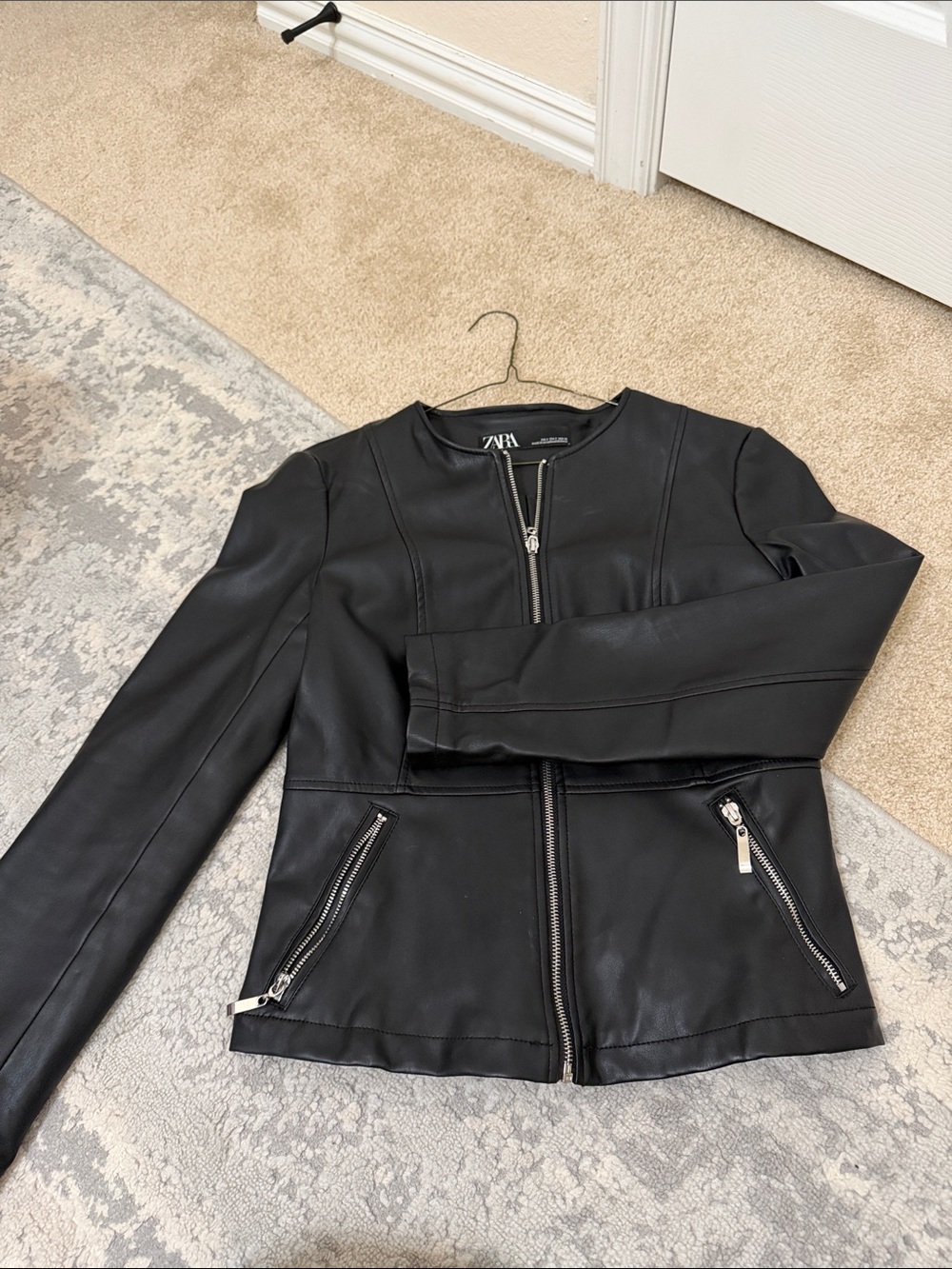 Zara Black Faux Leather Round-Neck Zip Jacket